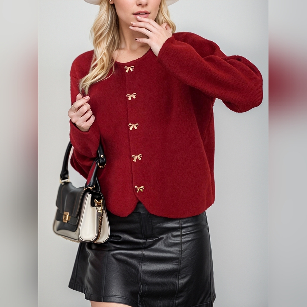 Red Cardigan with Bow Button Accents One Size Fits